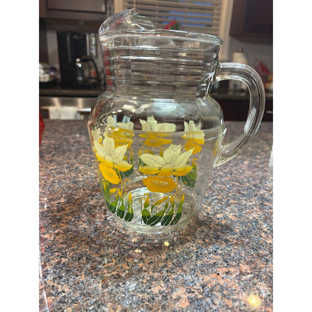 Vintage Anchor Hocking Daffodil Heavy Glass Pitcher 64oz 1950's